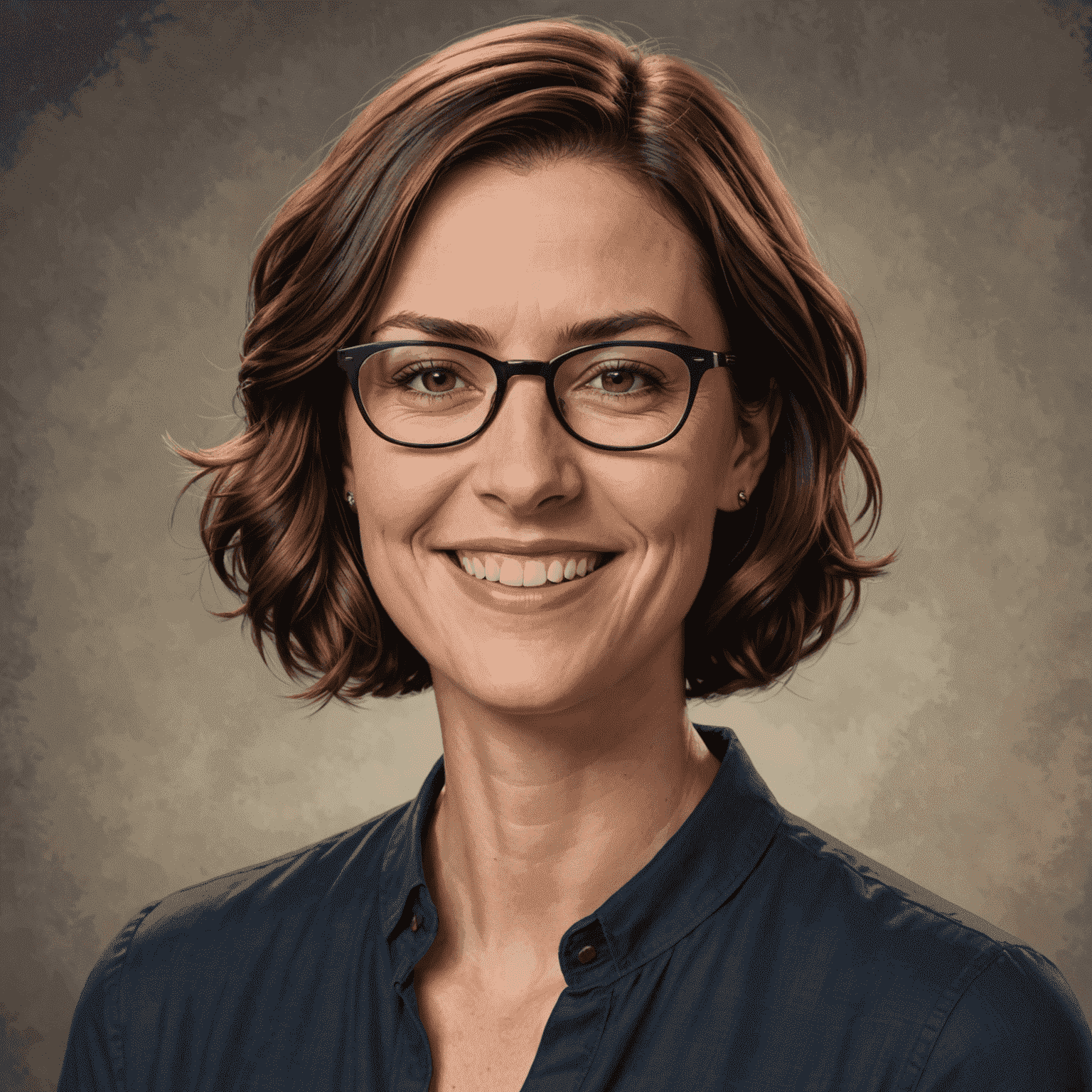 Portrait of Sarah Johnson, a woman in her 30s with short brown hair and glasses, smiling confidently