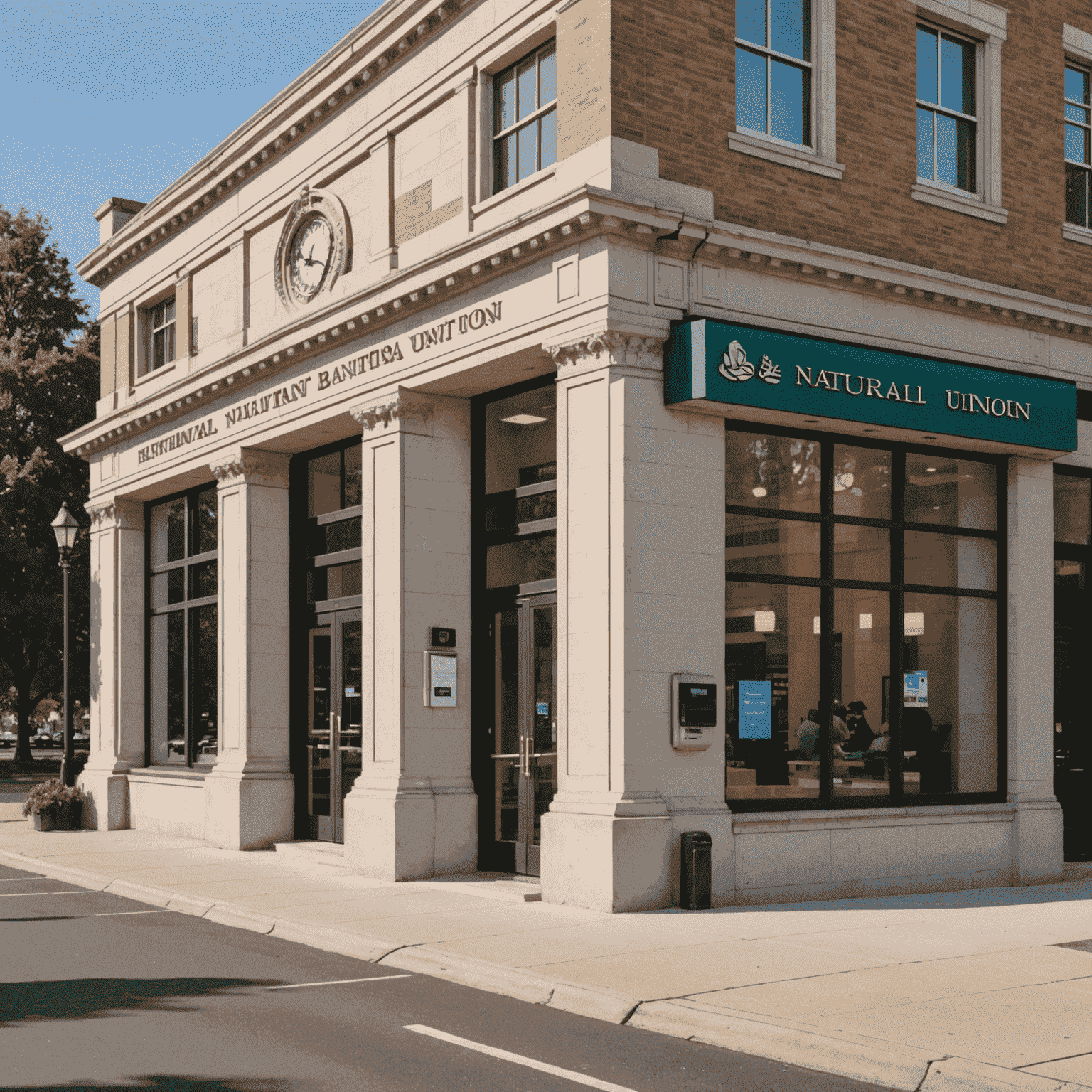 A split image showing a traditional bank on one side and a credit union on the other, highlighting the differences in their approach and services