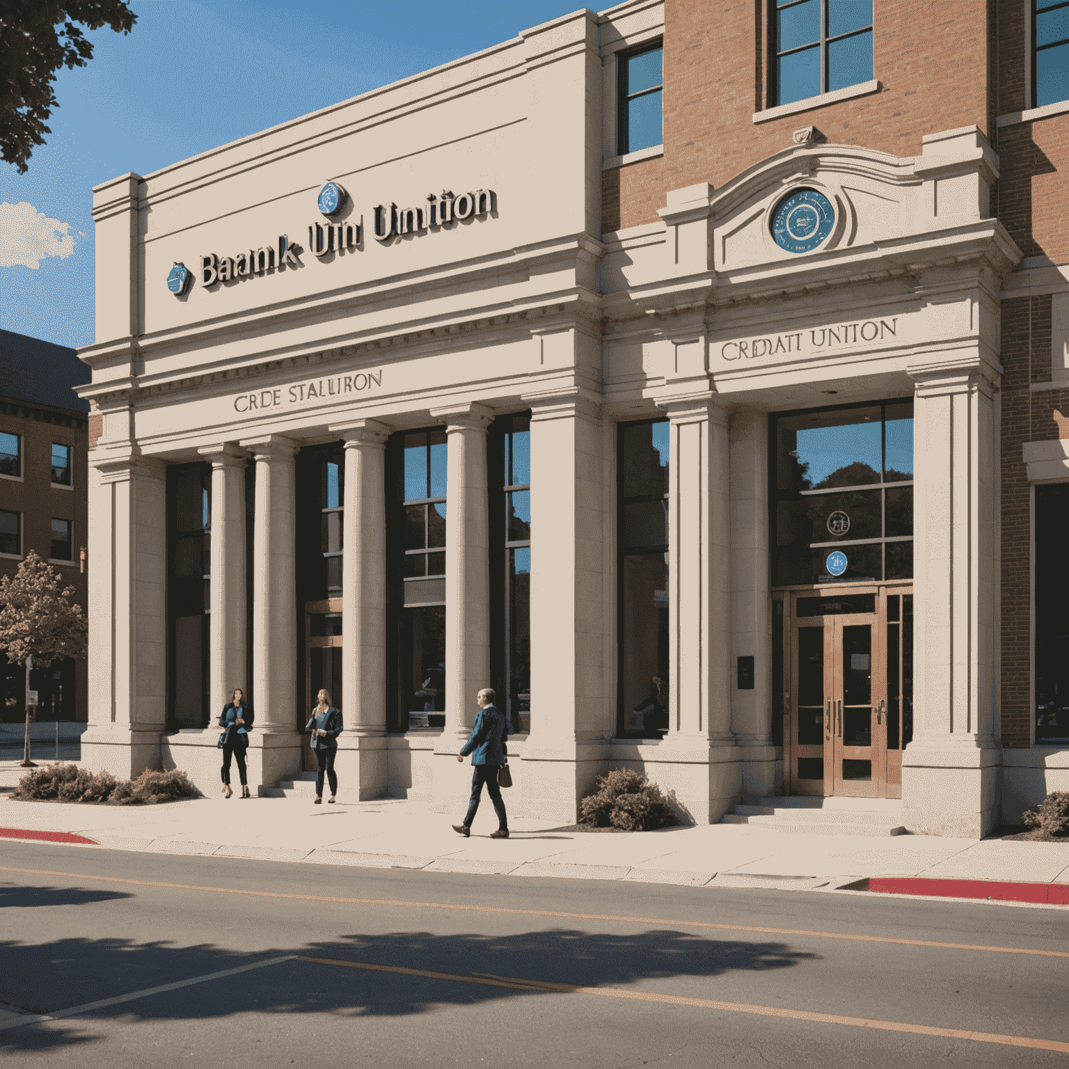 A comparison image showing a traditional bank building on one side and a modern, welcoming credit union building on the other. The credit union side has people smiling and interacting, symbolizing community and personalized service.