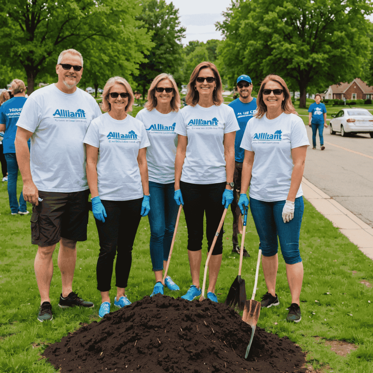 Alliant Credit Union volunteers participating in a community clean-up event, wearing branded t-shirts and working together to beautify a local park