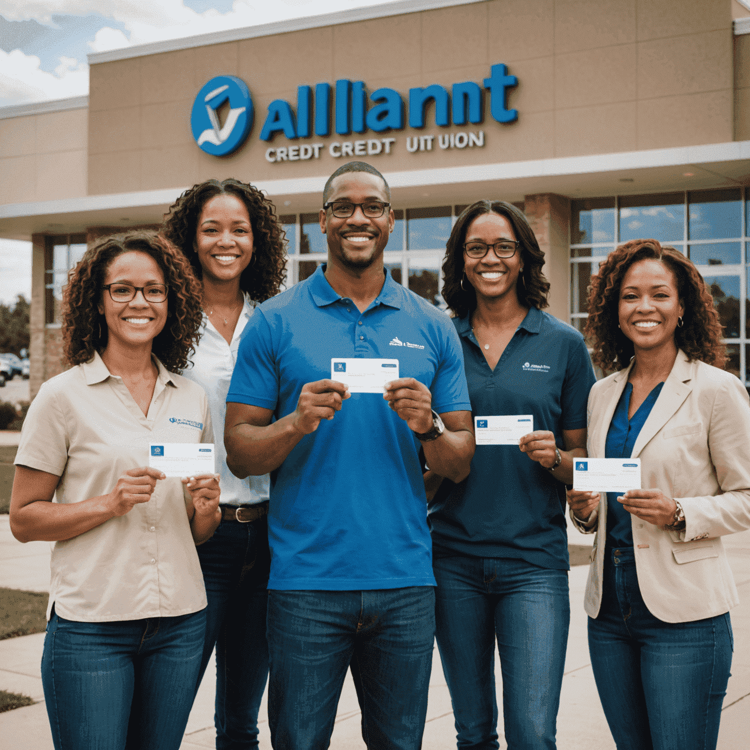 A group of diverse people standing in front of an Alliant Credit Union branch, smiling and holding membership cards