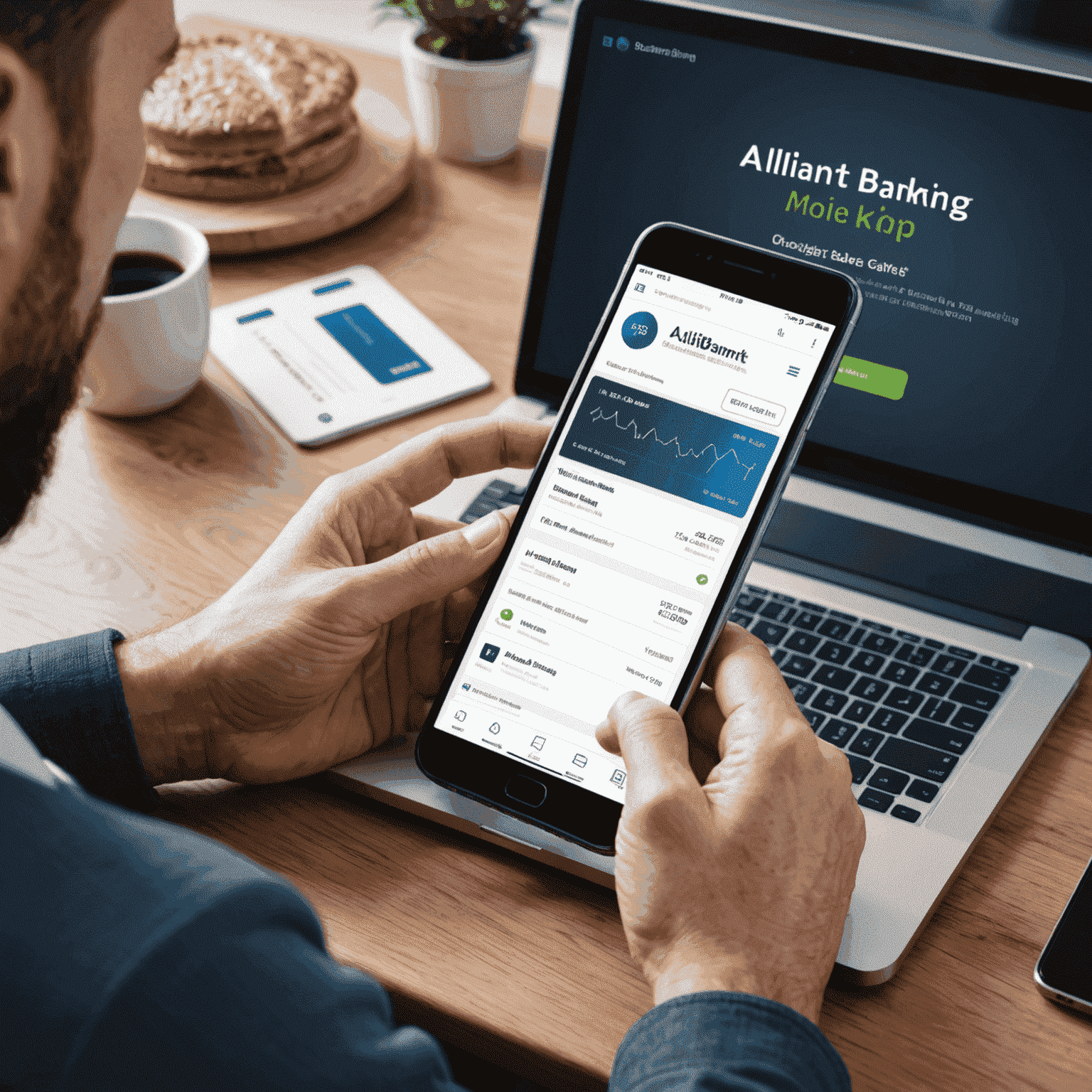 A person using Alliant's mobile banking app on a smartphone, with a laptop showing the online banking interface in the background. The image showcases the user-friendly design and multiple features of Alliant's digital banking solutions.