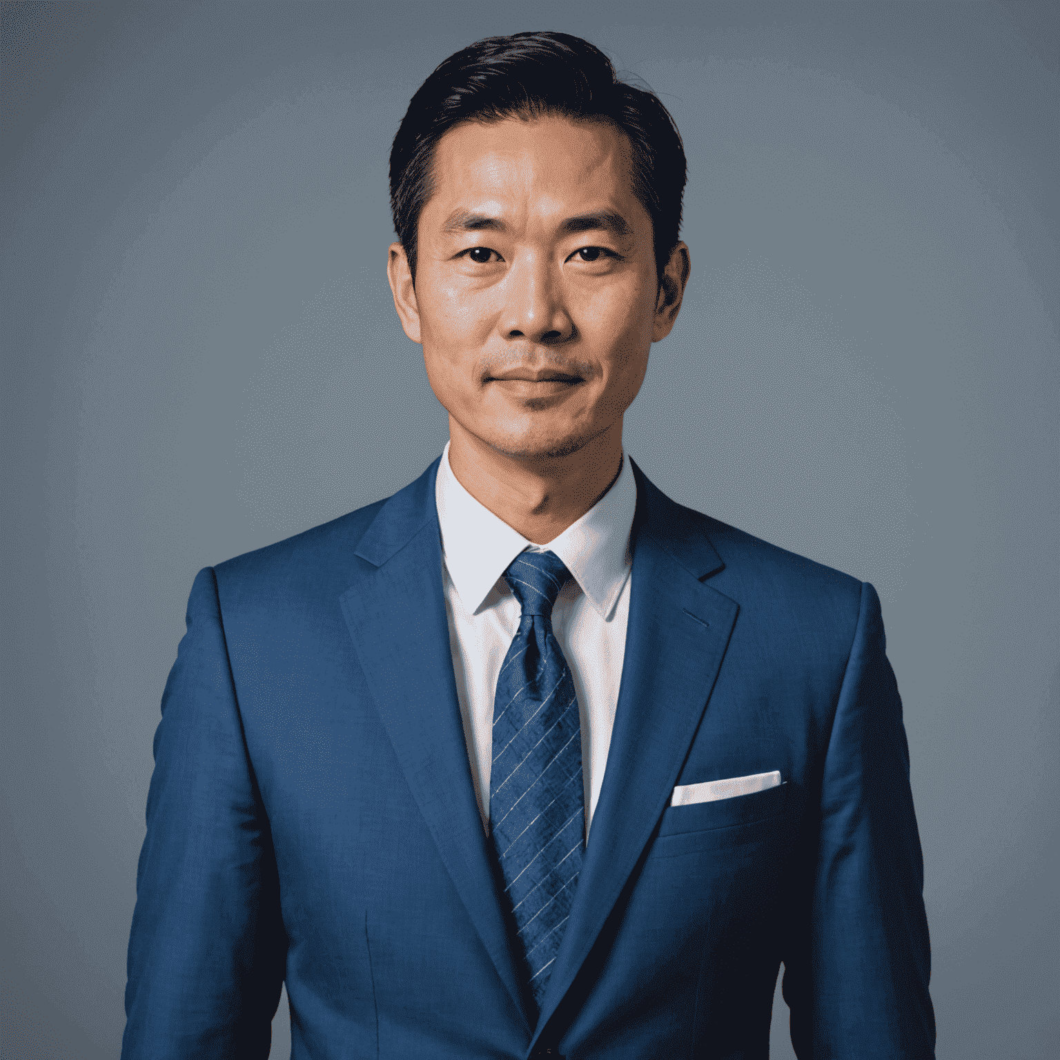 Portrait of Michael Lee, an Asian man in his 40s wearing a blue suit, with a friendly expression