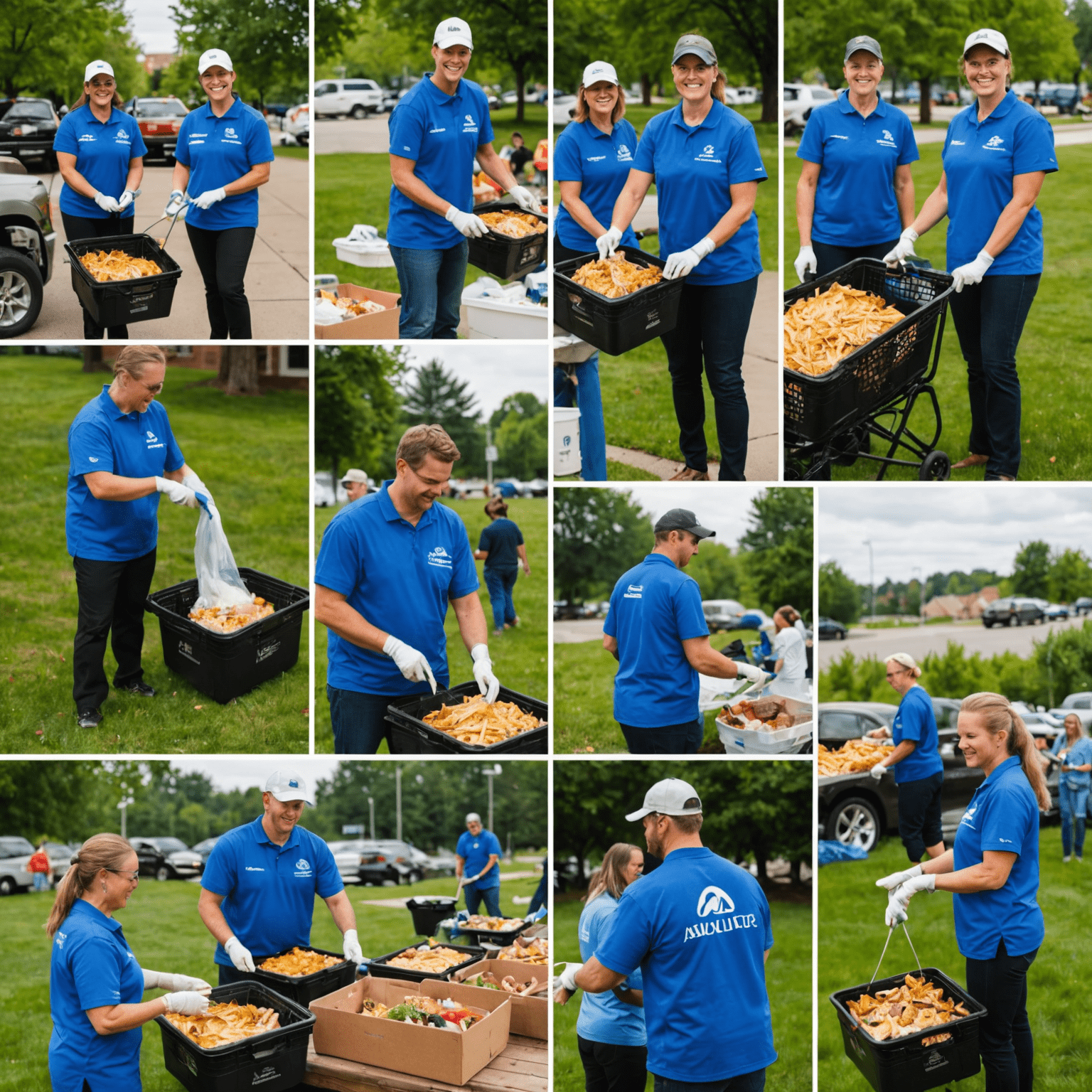 A collage of images showing Alliant Credit Union employees volunteering at various community events, such as food drives, park clean-ups, and educational workshops