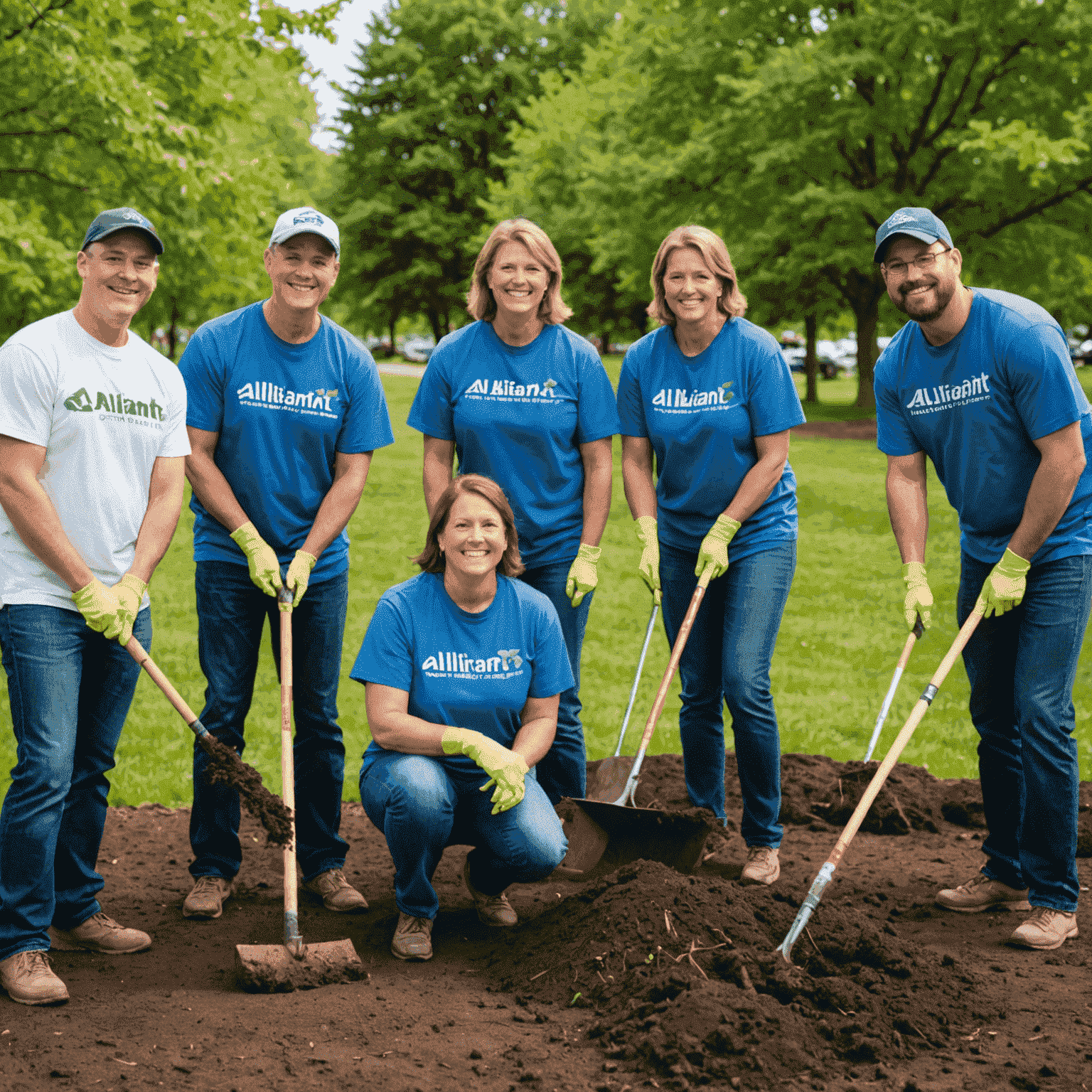 Alliant Credit Union employees volunteering at a local community event, planting trees and cleaning up a park