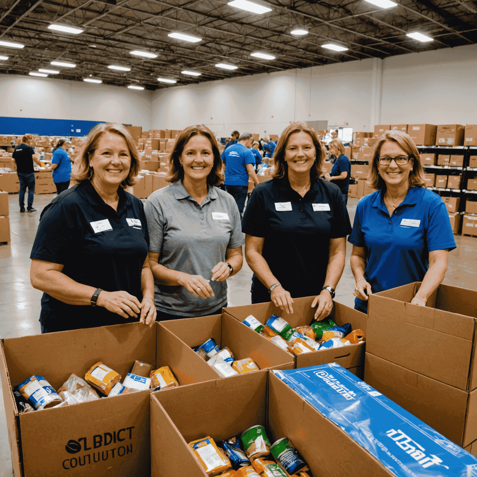 Alliant Credit Union employees volunteering at a local food bank, sorting donations and preparing meal packages for distribution