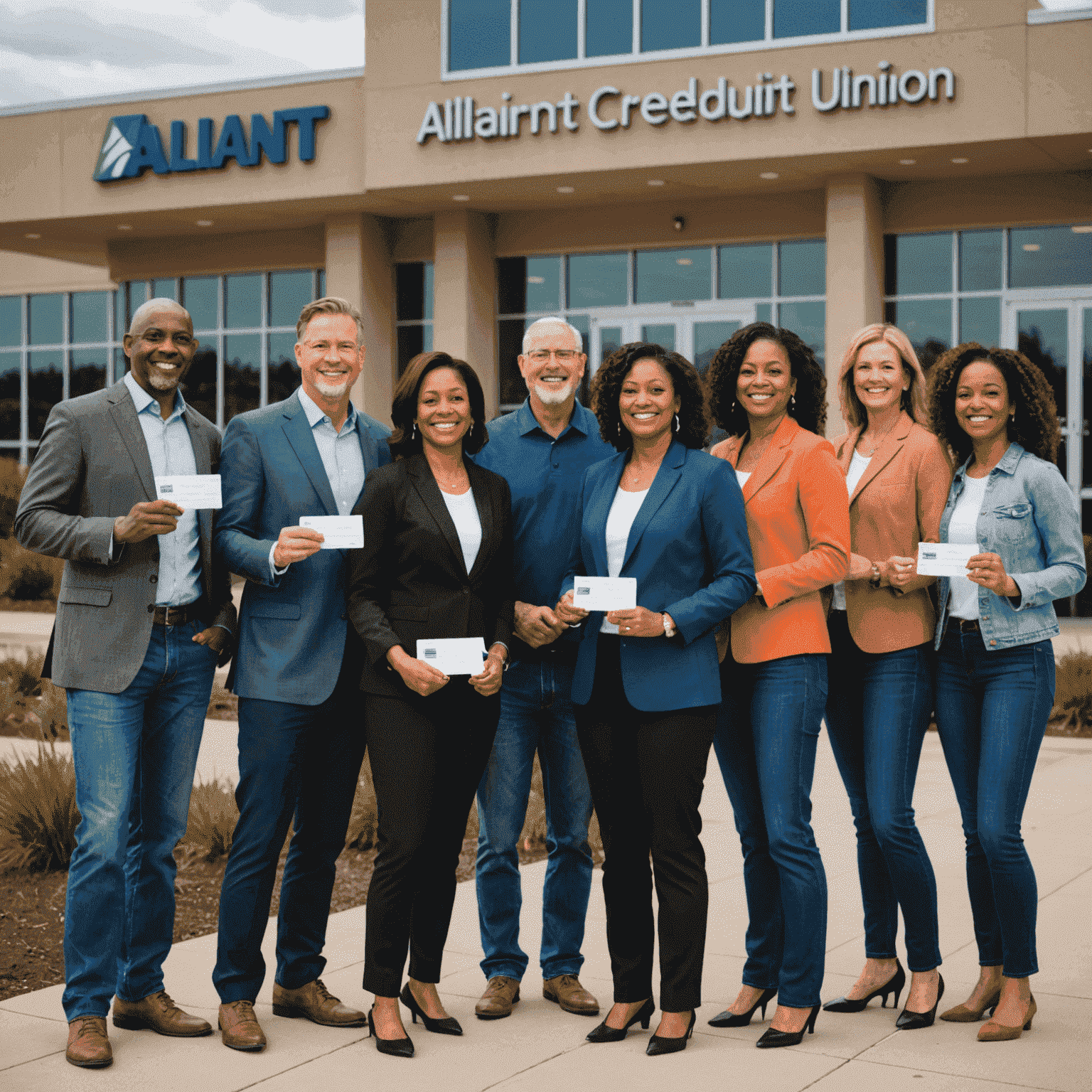 A diverse group of people holding Alliant Credit Union membership cards, smiling and standing in front of an Alliant branch