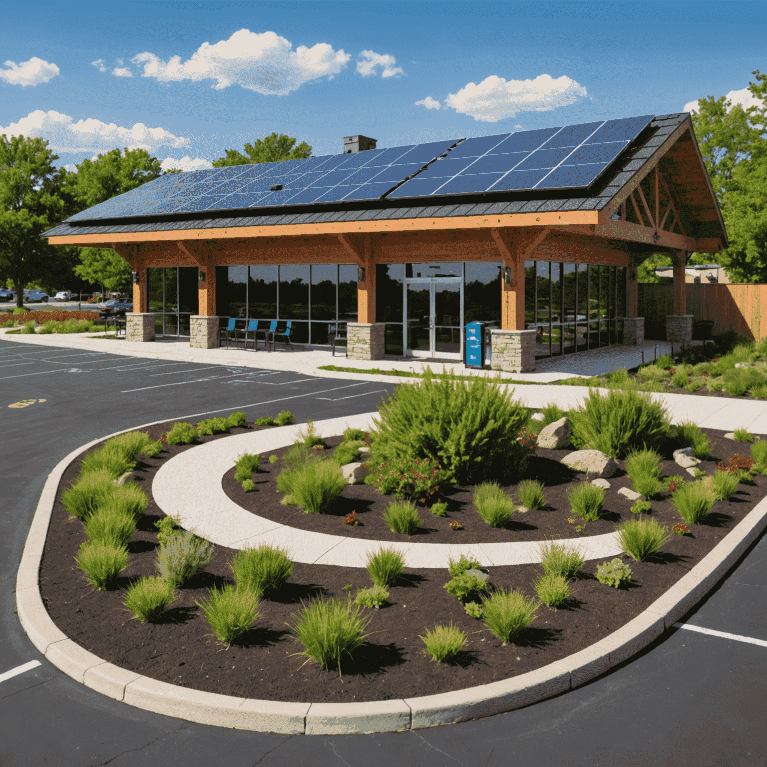 Alliant Credit Union's eco-friendly branch featuring solar panels, electric vehicle charging stations, and a green roof with native plants